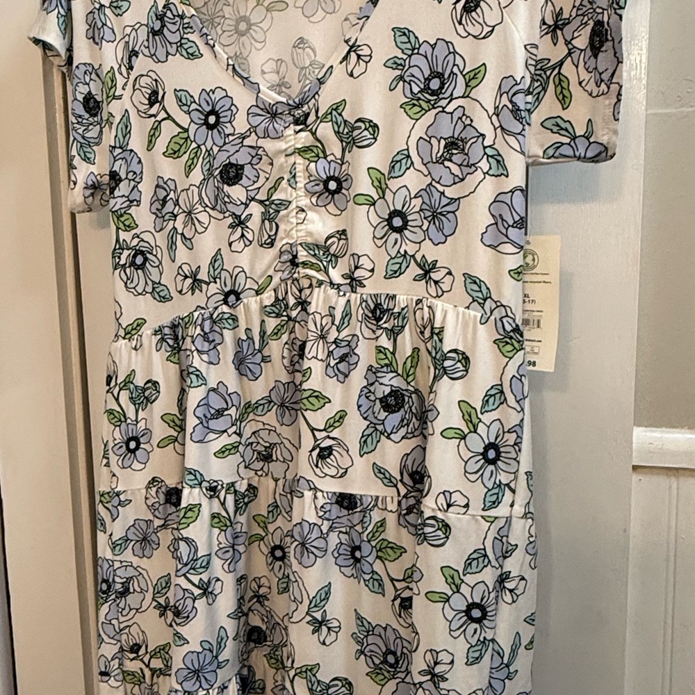 Charming Babydoll Dress in White and Blue Floral Print